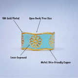 Copper Flower Enamel Blue Gold Free Size Adjustable Band Ring For Women