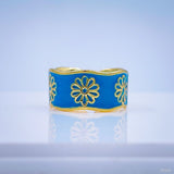 Copper Enamel Dark Blue Gold Flower Adjustable Ring For Women