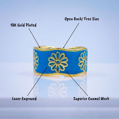 Copper Enamel Dark Blue Gold Flower Adjustable Ring For Women