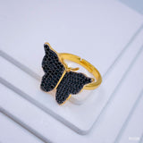 Black Butterfly Zircon Studded Gold Adjustable Ring For Women