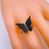 Black Butterfly Zircon Studded Gold Adjustable Ring For Women
