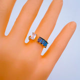 Gold Cubic Zirconia Crystal Blue Copper Free Size Adjustable Band Ring For Women