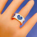 Gold Enamel Blue White Heart Evil Eye Copper Free Size Adjustable Band Ring For Women