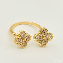 Gold Cubic Zirconia Clover Flower Copper Free Size Adjustable Band Ring For Women