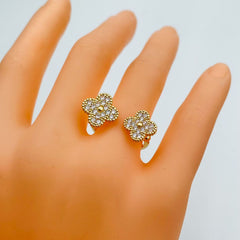 Gold Cubic Zirconia Clover Flower Copper Free Size Adjustable Band Ring For Women