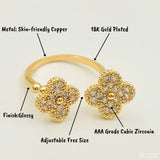 Gold Cubic Zirconia Clover Flower Copper Free Size Adjustable Band Ring For Women