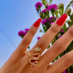 Gold Cubic Zirconia Crystal Snake Copper Free Size Adjustable Band Ring For Women