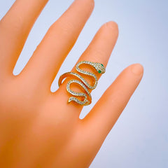 Gold Cubic Zirconia Crystal Snake Copper Free Size Adjustable Band Ring For Women