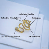 Gold Cubic Zirconia Crystal Snake Copper Free Size Adjustable Band Ring For Women