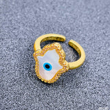 Copper Gold Mother of Pearl Hamsa Free Size Adjustable Evil Eye Ring For Women