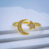 Copper Gold Crystal Crescent Moon Star Free Size Adjustable Ring For Women
