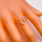 Copper Gold Crystal Crescent Moon Star Free Size Adjustable Ring For Women