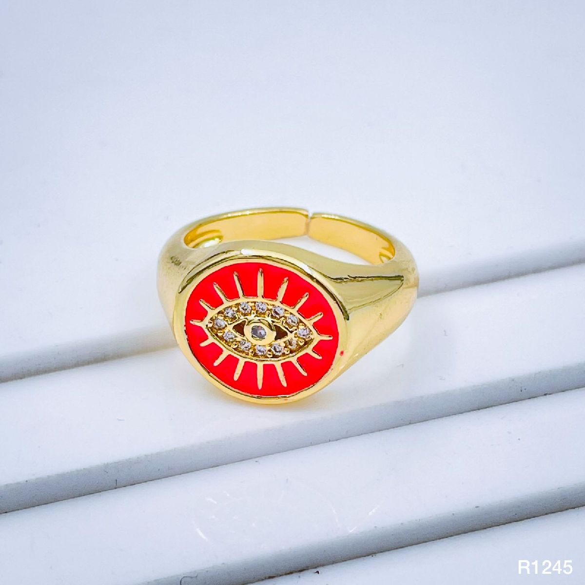 Copper Gold Enamel Dark Pink Evil Eye Free Size Adjustable Ring For Women