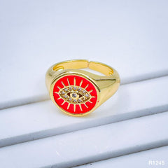 Copper Gold Enamel Dark Pink Evil Eye Free Size Adjustable Ring For Women