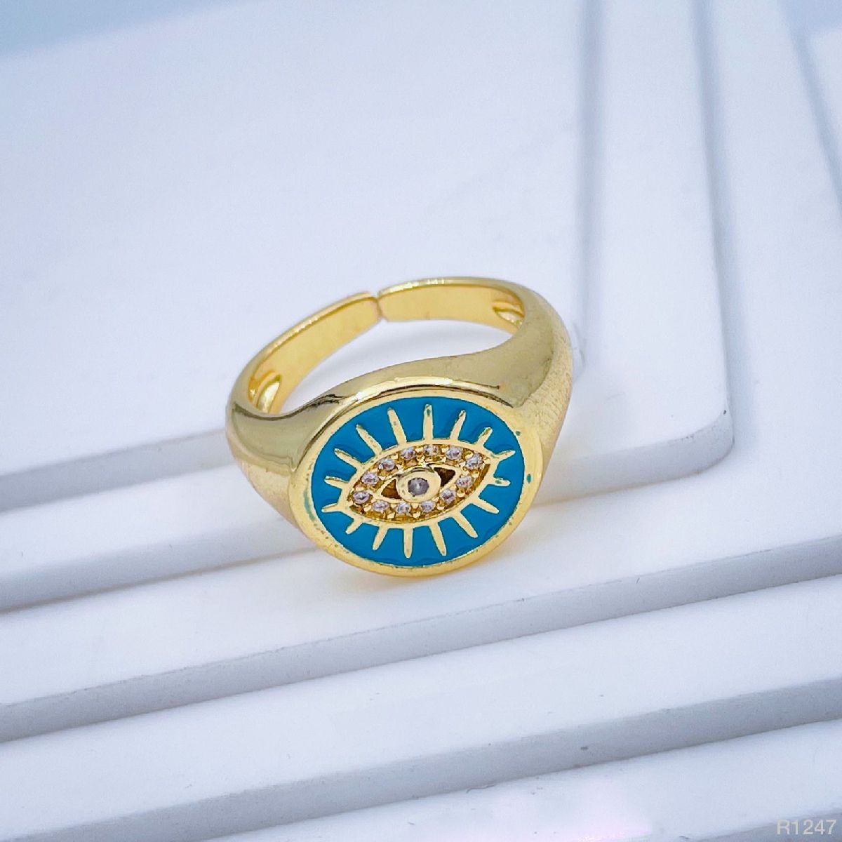 Copper Gold Enamel Dark Pink Evil Eye Free Size Adjustable Ring