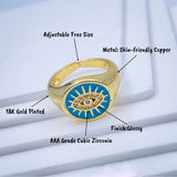Copper Gold Enamel Dark Pink Evil Eye Free Size Adjustable Ring For Women