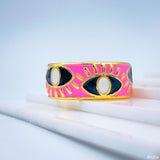 Gold Enamel Orange White Evil Eye Copper Free Size Adjustable Band Ring For Women