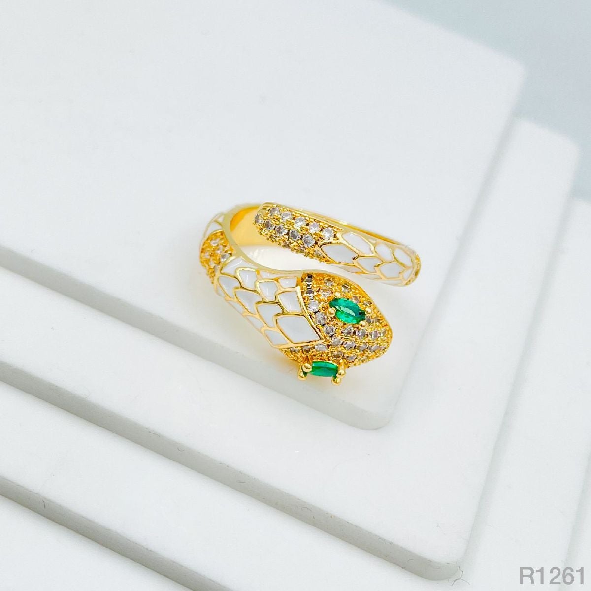 Snake Copper Cubic Zirconia Enamel Gold White Adjustable Ring Women