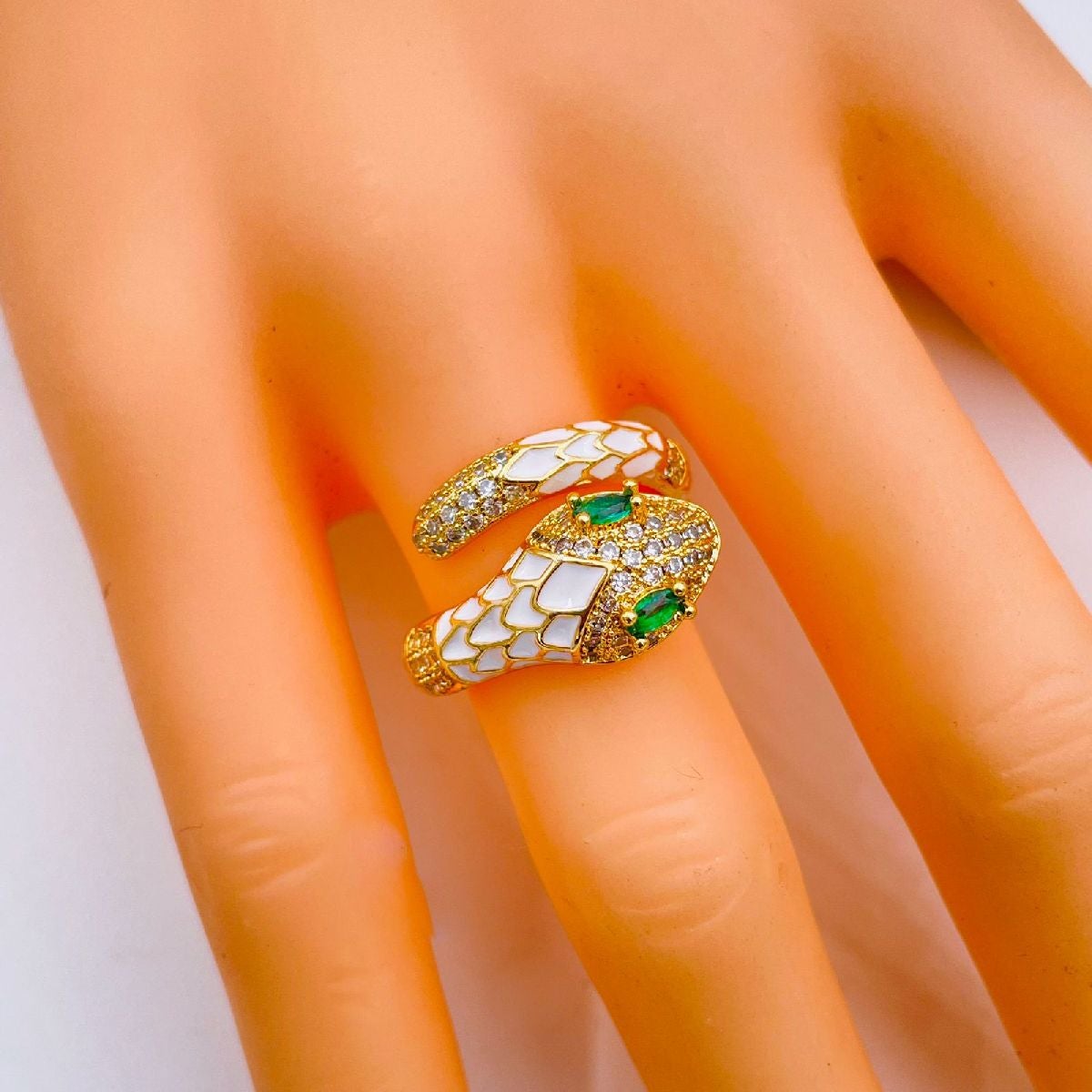Snake Copper Cubic Zirconia Enamel Gold White Adjustable Ring Women