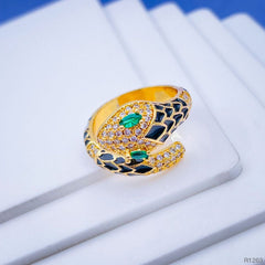 Snake Copper Cubic Zirconia Enamel Gold Black Adjustable Ring Women