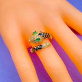 Snake Copper Cubic Zirconia Enamel Gold Black Adjustable Ring Women