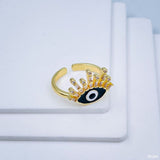 Eyelash Evil Eye Copper Cubic Zirconia Enamel Gold Black Adjustable Ring For Women