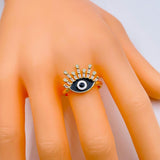 Eyelash Evil Eye Copper Cubic Zirconia Enamel Gold Black Adjustable Ring For Women