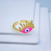 Eyelash Evil Eye Copper Cubic Zirconia Enamel Gold Pink Adjustable Ring For Women