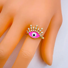 Eyelash Evil Eye Copper Cubic Zirconia Enamel Gold Pink Adjustable Ring For Women