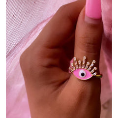 Eyelash Evil Eye Copper Cubic Zirconia Enamel Gold Pink Adjustable Ring For Women