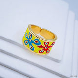 Flower Copper Enamel Gold Yellow Multicolor band Ring For Women