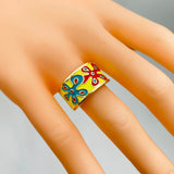 Flower Copper Enamel Gold Yellow Multicolor band Ring For Women