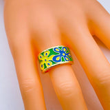 Yellow Blue Flower Enamel Gold Copper Shank Band Ring For Women