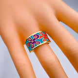 Flower Copper Enamel Gold blue Multicolor band Ring For Women