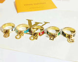 Stainless Steel Enamel Gold White Hanging Charm Band Ring For Women