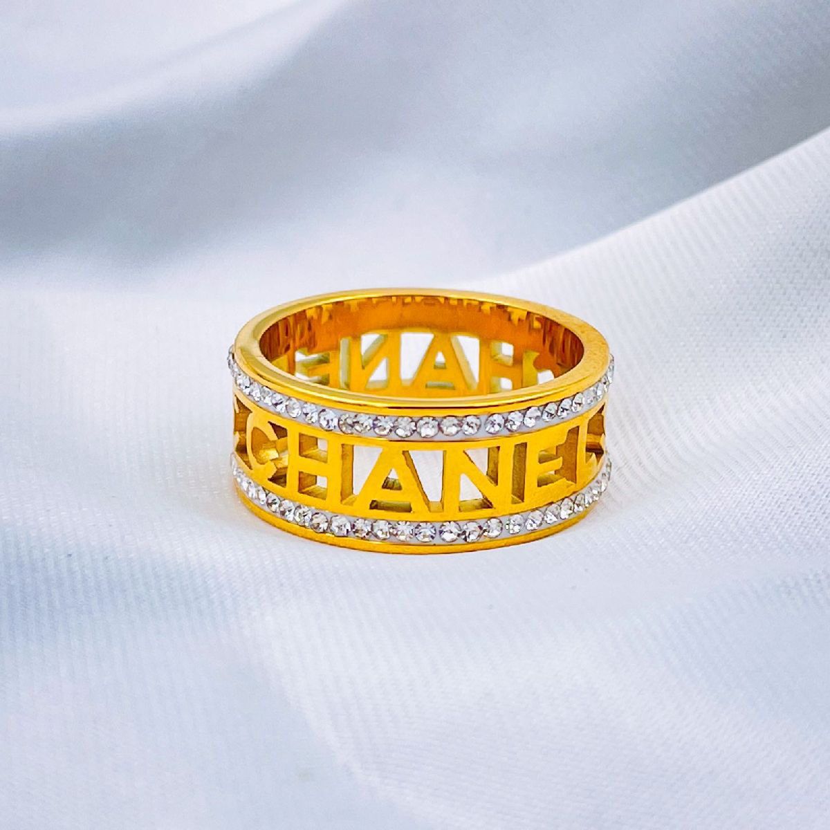 Stainless Steel Cubic Zirconia Alphabets Letter Gold Band Ring For Women