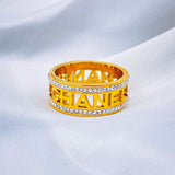Stainless Steel Cubic Zirconia Alphabets Letter Gold Band Ring For Women