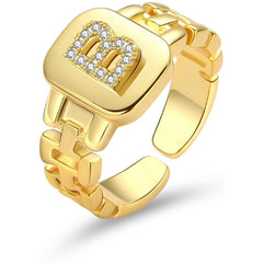 Copper Cubic Zirconia Gold Letter Free Size Adjustable Ring Women