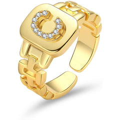 Copper Cubic Zirconia Gold Letter Free Size Adjustable Ring Women