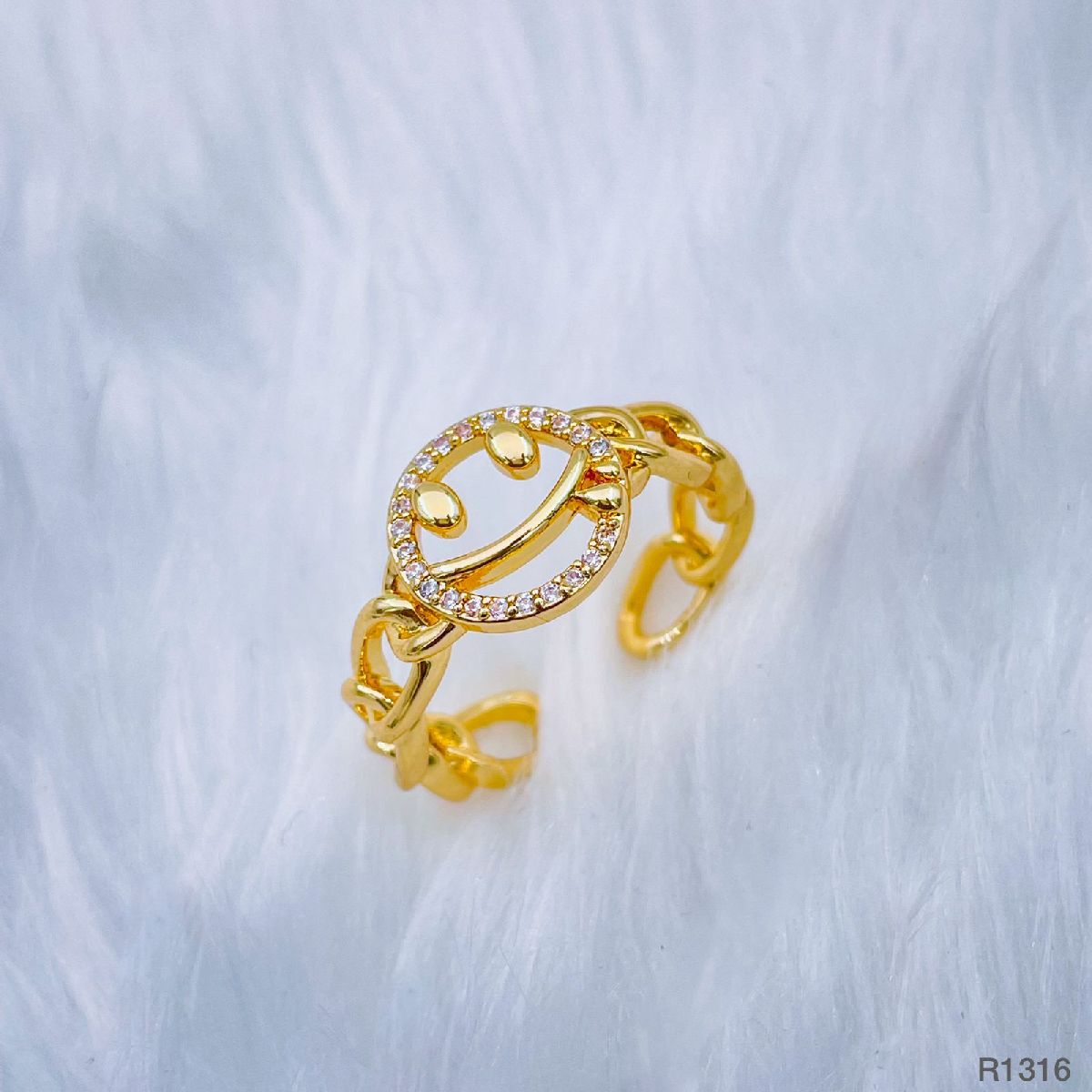 Smiley Face Copper Cubic Zirconia Gold Free Size Adjustable Ring Women