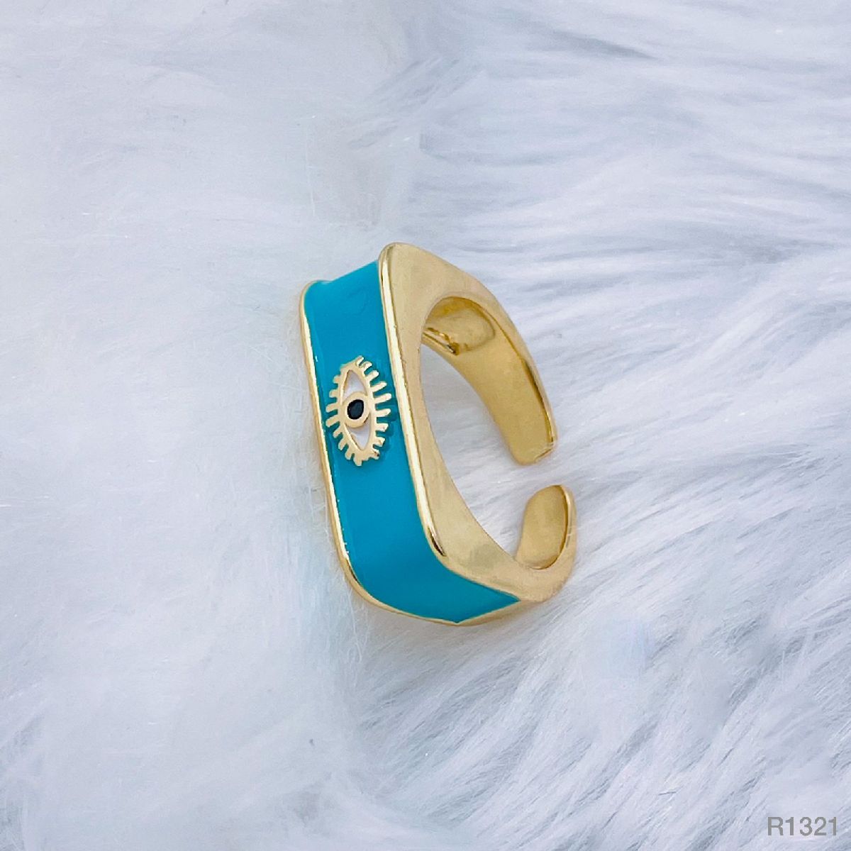 Copper Enamel Blue Gold Evil Eye Free Size Adjustable Ring For Women