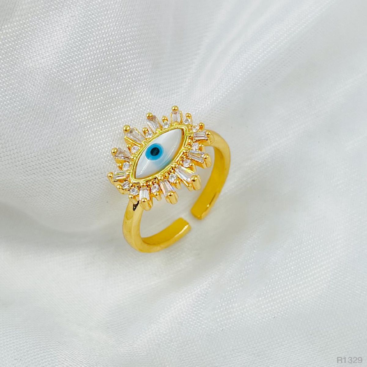 Evil Eye Mother of Pearl Copper Gold Free Size Adjustable Ring Women