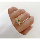 Honey Bee Insect Copper Cubic Zirconia Crystal Gold Adjustable Ring For Women