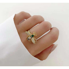 Honey Bee Insect Copper Cubic Zirconia Crystal Gold Adjustable Ring For Women