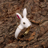 Rabbit White Copper Enamel Gold Free Size Adjustable Ring For Women