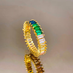Rainbow Multicolor Gold Copper Cubic Zirconia Band Ring For Women