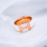 Stainless Steel White Enamel 18K Rose Gold Band Ring for Women