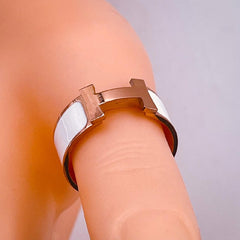 Stainless Steel White Enamel 18K Rose Gold Band Ring for Women