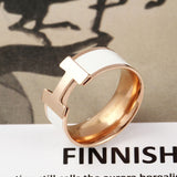 Stainless Steel White Enamel 18K Rose Gold Band Ring for Women