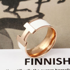 Stainless Steel White Enamel 18K Rose Gold Band Ring for Women